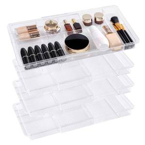 lot 11132 image: Oubonun Expandable Drawer Organizer 11.1 to 19.2 Width, Shallow Cosmetic Organizer 1.3 Height, 4 Packs, Clear Plastic Storage Trays for Dressing Table,Bathroom
