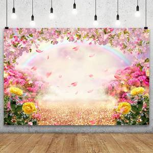 lot 12285 image: YongFoto 9x6ft Spring Floral Backdrop Pink Yellow Flowers Petal Rainbow Wonderland Dreamy Photography Background Baby Shower Girl Princess Birthday Party Kids Adults Portrait Photo Studio Props