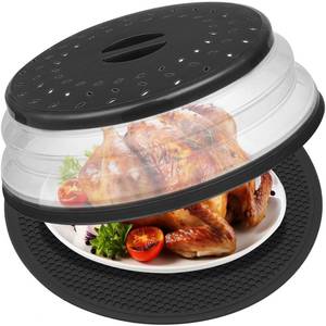 lot 12290 image: MAGJIUKE 12 Microwave food Cover & Mat,Large Vented Collapsible Splatter Guard dish Plate lid & Silicone Round Kitchen mat