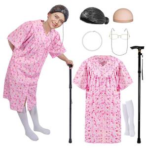 lot 12314 image: Mprocen Womens Old Lady Costume Kit with Nightgown Wig Cane Halloween Granny Dress Outfit Kit Adults Cosplay Accessories Set