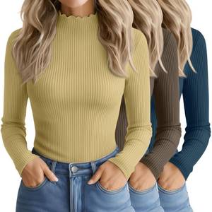 lot 12340 image: Oakgarden 3 Pack Womens Cotton Long Sleeve Mock Turtleneck Tops Ribbed Lettuce Trim Slim Fit Shirts Thermal Base Layer(Dark Blue, Dark Khaki, Yellow,Small) (Missing Blue)