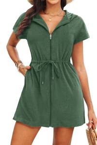 lot 12349 image: Yonique Terry Cloth Cover Ups - Hooded Cotton Swim Sun Cover-up with Zipper Pockets Beach Swimsuits Green S