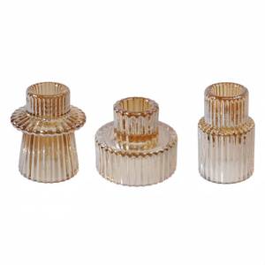 lot 12353 image: Double Sided Vintage Ribbed Taper Glass Candle Holders,Tea Candle Holder for Table Centerpieces, Wedding Decorations and Dinner Parties (Gold, 3 PCS)