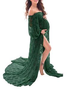 lot 12364 image: Saslax Soft Stretchy Lace Maternity Dress for Photoshoot Doubly Split A-line Skirt Off Shoulder Pregnancy Maxi Gown Green Large
