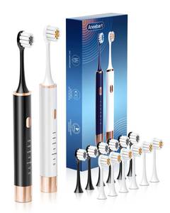 lot 12370 image: Aneebart Sonic 2 Pack Electric Toothbrush for Adults and Kids, Travel Toothbrush Includes 12 Replacement Toothbrush Heads, 6 Modes with 2 MIN Smart Timer (Black White) (Turns On)