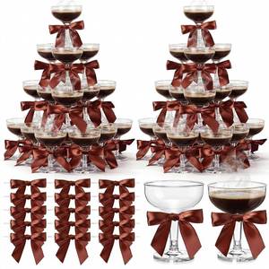 lot 13883 image: Zopeal 100 Set Champagne Tower Champagne Coupe Cocktail Glasses 5 oz with Satin Bows 3.5 Inch Plastic Margarita Espresso Martini Glasses for a Tiny Bit Older Valentines Birthday Party (Brown Bow)