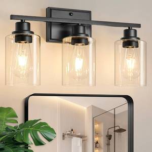 lot 13887 image: Unicozin 3 Light Bathroom Light Fixtures, Modern Vanity Lights Over Mirror, Black Wall Lamp with Clear Glass for Living Room Cabinet Bedroom Porch