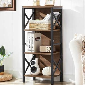 lot 13904 image: MNEETRUNG Small Bookshelf,4 Tier Industrial Bookcase with Metal Frame and Backboard,Narrow Rustic Brown Book Shelf,Book case for Small Spaces,Living Room,Bedroom and Home Office