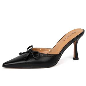 lot 14282 image: SUIARA Black Kitten Heels for Women Pointed Toe Vintage Heeled Sandals Sexy Mules Bow Closed Toe Slip on Stiletto Dressy Pumps