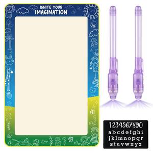 lot 14300 image: Dunzoom Light Reactive Drawing Surface Board 36 x 24 Inch Bright Glow Effect with 2 Purple Light LED Pens and 1 Number Alphabet Stencil for Drawing Writing Doodle Glow in The Dark Party Favors