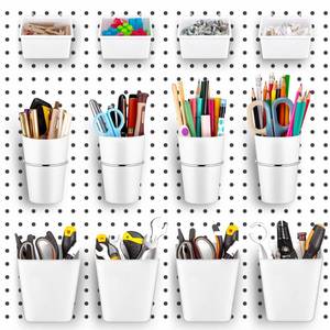 lot 14353 image: Jinei 12 Pcs Pegboard Bins and Cups with Hooks and Loops Peg Assortment Organizer Accessories Various Tool Organizer Pegboard Basket Set for Garage Workshop Workbench Office(White)