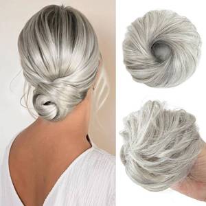 lot 14354 image: CJL HAIR 2PCs Small Cute Messy Bun Hair Piece for Thin Hair Women Mini Synthetic Curly Bun Scrunchies Updo Hairpieces Grey Multi