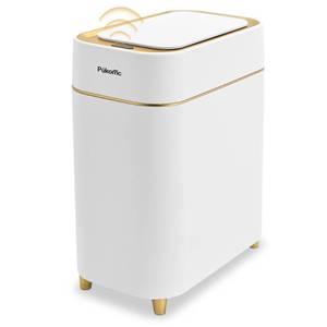lot 15954 image: Pukomc Automatic Small Sensor Trash Can with Touchless Lid, 2.3 Gallon  9L Smart Garbage Can, Quiet Close White Gold Waste Bin - Perfect for Kitchen, Living Room & Small Spaces