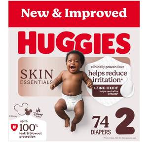 lot 15955 image: Huggies Size 2 Diapers, Skin Essentials Baby Diapers, Size 2 (12-18 lbs), 74 Count, Packaging May Vary