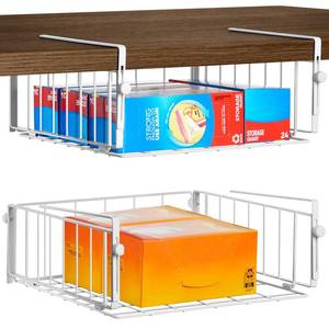 lot 15967 image: AmonHouseware 2 Pack Hanging Under Shelf Storage Basket,Adjustable Under Cabinet Add-on Storage Racks Slide-in Baskets Organizer for Laundry Room Kitchen Pantry Desk Bookshelf, White