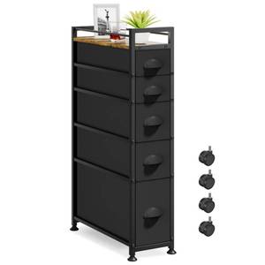 lot 15968 image: LASZOLA 5 Drawer Narrow Dresser Slim Cabinet Skinny Storage Tower Chest, Ideal for Small Spaces Bathroom, Between Washer and Dryer, Lightweight Mobile on Wheels, Sturdy Fabric Drawers, Black
