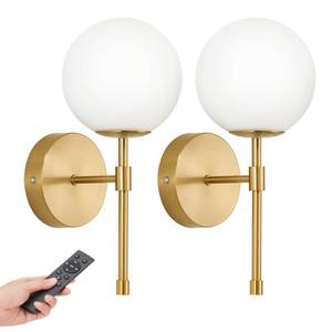 lot 15996 image: MSTETO Battery Operated Wall Sconces Set of 2, Glass Globe Wireless Lights with Remote & Touch Control, Rechargeable Brushed Gold Sconce, 3 Color Dimmable Ambient Lighting for Bedroom Living Room