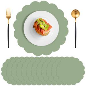 lot 16013 image: 60 Pcs Sage Green Paper Placemats, 13.5 Inch Disposable Scalloped Easter Placemat Round Table Place Mats, Round Table Place Mats for Birthday Wedding Bridal Shower Baby Shower Banquet Tea Party
