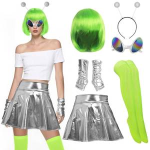 lot 16053 image: Vegove 6Pcs Alien Costume Women, Metallic Skirt Antenna Headband Bob Hair Glasses Neon Green Space Accessories for Halloween (X-Large)