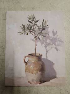 lot 16065 image: Original Oil Painting Olive Branch in Clay Pot with Canvas