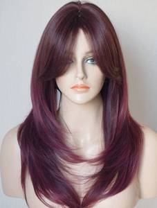 lot 16076 image: Long Layered Shoulder Length Purple Red wig Synthetic Hair Fiber Highlight Multicolor Wigs for White Women (Purple red mixed)
