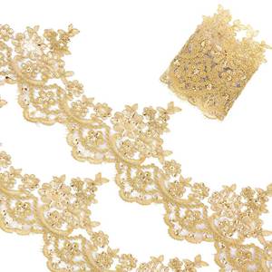 lot 16113 image: 3Yard 5.31in Gold Lace Trim for Sewing, Sequined Gold Lace Ribbon with Sequin Flower Embroidery, Can be Cut Metallic Laces for Sewing, Decoration DIY, Dresses, Gowns, Weddings, Parties