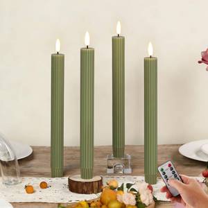 lot 16494 image: Girimax Olive Green Ribbed Flameless Taper Candles with Remote, Flickering LED Wax Candlesticks Battery Operated Set of 4