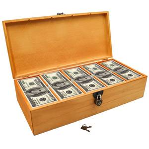 lot 17616 image: Bronze Wooden Lockable Currency Tray, 5 Compartment Cash Organizer, Cash Organizer Money Storage Box with Lockable Cover, Money Organizer for Cash