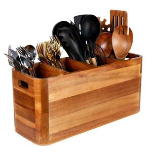 lot 17639 image: Wooden Kitchen Utensil Holder Organizer for Counter or Countertop, Large Wooden Utensil Holder for Storage Cooking and Silverware with 4 Compartment, Acacia Rustic Wood Container Extra Large