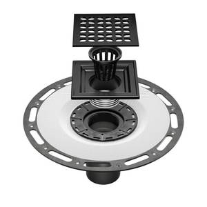 lot 17640 image: Fibetter 4 Inch Shower Drain Compatible with Schluter Kerdi System, Bonding Drain with PVC Bonding Flange for Schluter Shower Kit, Diamond Pattern Grate (Black)