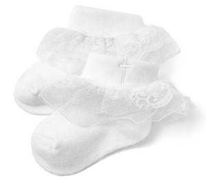 lot 18004 image: KESICI Baptism Socks for Baby Girls, White Newborn Baby Girls Baptism Socks with Cross & Eyelet Frilly Lace, Turn Cuff Baby Christening Sock,White 0-6 Months Infant