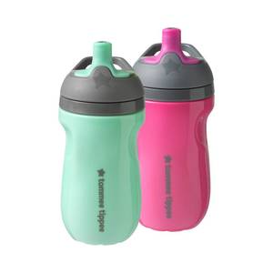 lot 18060 image: Tommee Tippee Insulated 9oz Sporty Spout Toddler Water Bottle, No Spill Sippy Cups for Toddlers 1-3, Two-Piece Valve Helps Stop Spills, Orange and Blue, BPA Free, Pack of 2