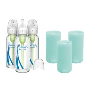 lot 18068 image: Dr. Browns Anti-Colic Options Narrow Glass Baby Bottles 8 oz250 mL, with Level 1 Slow Flow Nipple, 3 Pack 0m with Mint 100% Silicone Sleeves, BPA-Free
