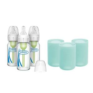 lot 18069 image: Dr. Browns Anti-Colic Options Narrow Glass Baby Bottles 4 oz120 mL, with Level 1 Slow Flow Nipple, 3 Pack 0m with Mint 100% Silicone Sleeves, BPA-Free