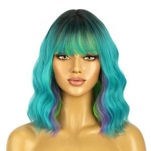 lot 18078 image: BERON 14 Inches Turquoise Wig Short Curly Wig Ombre Green Curly Wigs Short Teal Green Wigs with Bangs for Women Daily Party Cosplay Hairnet Include