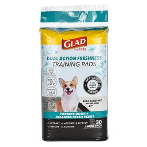 lot 18445 image: Glad for Pets Dual Action Freshness Activated Carbon Puppy Training Pads with Fragrance Release, Scented Pee Pads, Ultra Absorbent, Odor Control. 23x23 30ct
