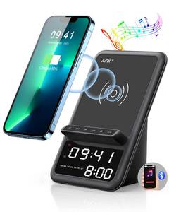 lot 18446 image: AFK Wireless Charging Station with Bluetooth Speaker and Alarm Clock,Wireless Charger Compatible with iPhone,Android Phones(Black)