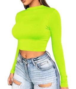 lot 18487 image: Artfish Women Long Sleeve Turtleneck Crop Top Mock Neck Tight Fitted Shirts Neon Lime, M