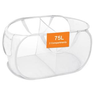 lot 18491 image: Durable Collapsible Foldable Mesh Pop Up Laundry Basket, 2 Compartments Easy to Carry & Sort Clothes Hampers for Home, Dorm, Travel White