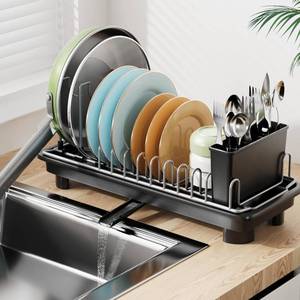 lot 19010 image: Laveshop Small Dish Drying Rack, Compact Dish Drainer for Kitchen Counter, with Adjustable Back Slots, Space-Saving for Small Kitchens, Black