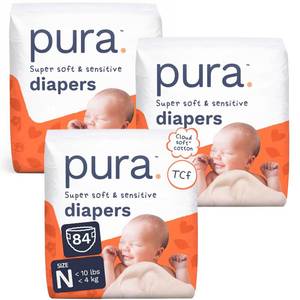 lot 19021 image: Pura Newborn Baby Diapers Size N (Up to 10 lbs), 3 Pack (84 Hypoallergenic Diapers) Totally Chlorine Free (TCF), Disposable Diapers for Sensitive Skin, Blowout Protection & Wetness Indicator