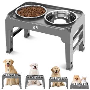 lot 19023 image: Elevated Bowls, 4 Height Adjustable Raised Stand With 2 Thick 50oz Stainless Steel Food Bowls, Non-Slip Feeder for Large Medium Dogs, Adjusts to 3.7, 9.2, 10.75, 12.36 Grey