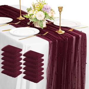 lot 19043 image: 12 Pack 10FT Pearl Table Runner 30x120 Inch Burgundy Tulle Fabric Boho Rustic Sheer Table Runners Lace Table Cloth for Wedding Bridal Shower Birthday Party Arch Veil Dessert Table Decor (Burgundy)