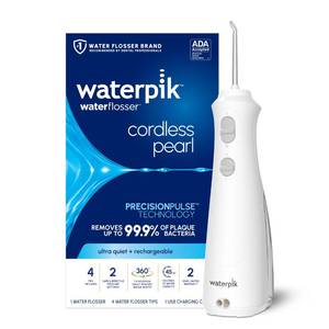 lot 19047 image: Waterpik Cordless Pearl Rechargeable Portable Water Flosser for Teeth, Gums, Braces Care and Travel, Extra Quiet, 4 Flossing Tips - ADA Accepted, WF-13 White, Amazon Exclusive