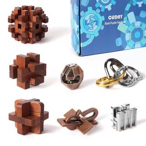 lot 19049 image: CUDNY 7 Pieces Cool Unlock Interlock Brain Teaser Puzzles Retro Wooden and Metal Puzzles IQ Logic Fun Puzzle Box Challenge Game