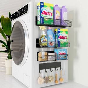 lot 19050 image: 4 Pack Magnetic Shelves for Washing Machine, Heavy-Duty Magnetic Laundry Organizer with Hooks, Washing Machine Shelf for Refrigerator, Metal Storage Baskets, Closet & Laundry Room Organization(Black)