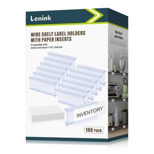 lot 19056 image: Lenink 100Pcs Wire Shelf Label Holders with 100Pcs Label Paper Inserts, Plastic Wire Rack Label Holder Compatible with Metro and Nexel 1-14in Shelves, Label Area 3in Lx1.25in H