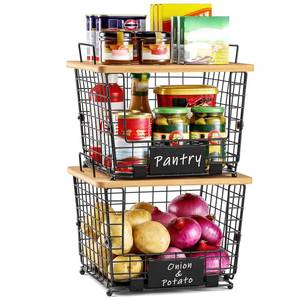 lot 19059 image: 2 Set Large Stackable Wire Basket with Bamboo Tops & Tag- Pantry Organizer and Storage Bins, Kitchen Counter Cabinet Shelf Countertop Under Sink Organizing for Food Snack Produce Onion Potato Bread