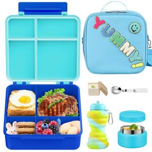 lot 19060 image: Bento Lunch Box with 10oz Soup Thermo for Kids Insulated Lunch Bag & Foldable Silicone Cup Food Leak Proof Food Container with 5 Compartment for Kid to Shool Travel