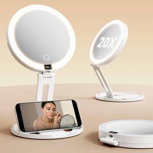 lot 19069 image: eeuuty Travel Makeup Mirror with Lights (Gen 3) - 20X1X Dual Sided Magnifying Mirror with Digital Power Display - Rechargeable, 3 Color Dimmable, CRI 95 - Portable Folding Design